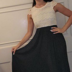 Midi Dress with Lace Detail and Pleated Skirt